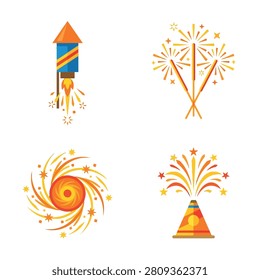 A collection of colorful flat vector icons depicting various fireworks and rocket pyrotechnics.