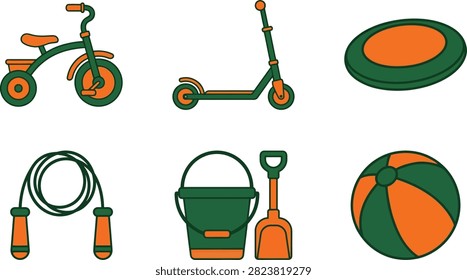 A collection of colorful flat vector icons representing various children's outdoor toys and play equipment on a white background.
