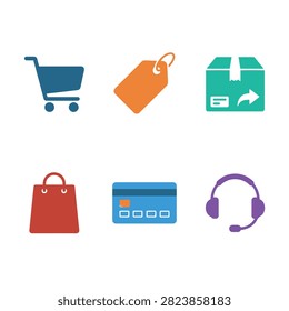 A collection of colorful flat vector icons representing online shopping and e-commerce services.