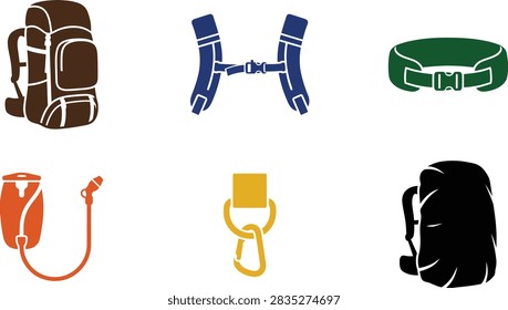 A collection of colorful flat vector icons representing various hiking and camping equipment including backpacks, straps, belts, and hydration gear.