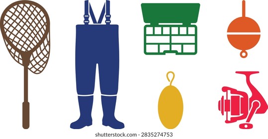 A collection of colorful flat vector icons representing various fishing equipment including a net, waders, tackle box, bobber, sinker, and reel.