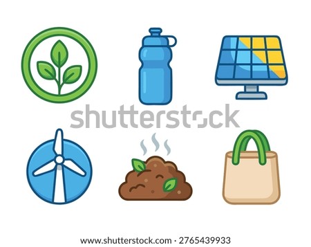 A collection of colorful flat vector icons representing environmental sustainability including nature, renewable energy, reusable items, and organic waste