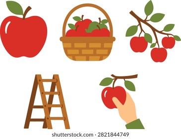 A collection of colorful flat vector illustrations featuring juicy red apples in a basket, on a branch, and being picked by a hand, accompanied by a wooden ladder.