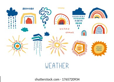 Collection of colorful flat weather elements. Vector abstract clouds, suns, rainbows, raindrops on white background