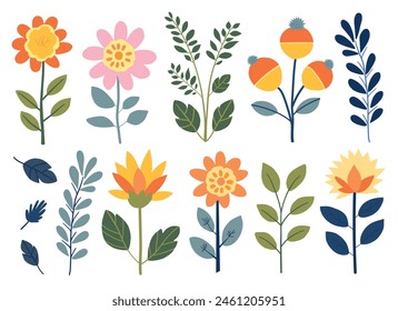 Una colección de coloridas ilustraciones florales de diseño plano con varias flores y hojas. Este conjunto vibrante y caprichoso para proyectos creativos y decorativos.