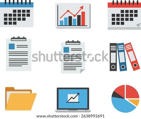A collection of colorful flat-style business and office icons. Includes calendar icons, clipboard documents, bar and line charts, folders, binders, laptop with growth chart, and pie chart.