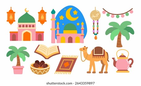 Collection of colorful flat-style Islamic elements including mosque, Quran, lantern, dates, prayer mat, camel, and crescent moon. Perfect for Ramadan, Eid, Islamic events, and cultural-themed designs.