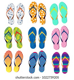 A collection of colorful flip flops,  Isolated On White Background, Vector Illustration