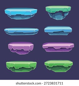 Eine Kollektion von bunten schwimmenden Plattformen für die Spieleentwicklung mit eisigen und felsigen Texturen.