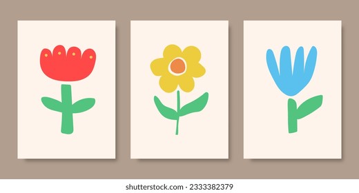 Collection of colorful floral abstract botanical posters. Decoration art. Trendy hand drawn vector illustration