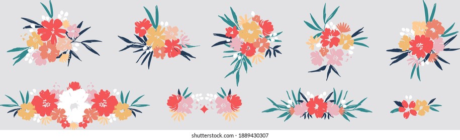 Collection of colorful floral arrangements. Pre-made flower bouquet clip art for logo, stationery, and web design. Isolated hand-drawn floral compositions. Modern hand-drawn vector illustrations.