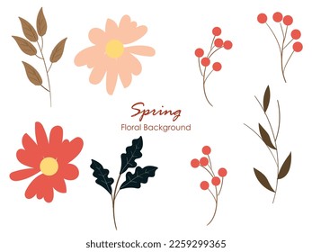 Collection of colorful floral elements in flat color. Set of spring and summer wild flowers, plants, branches, leaves and herb. Hand drawn of blossom vectors for decor, website, graphic and shop.