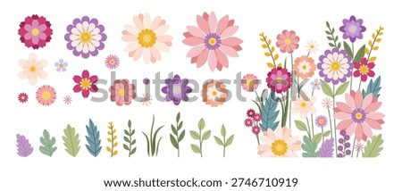 Collection of colorful floral elements in flat color. Set of spring and summer wild flowers, plants, branches, leaves and herb. Hand drawn of blossom vectors for decor, website, graphic and shop.