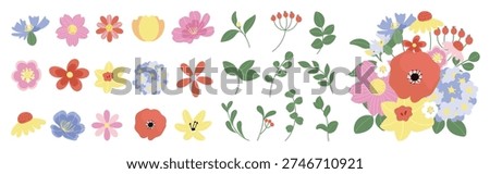 Collection of colorful floral elements in flat color. Set of spring and summer wild flowers, plants, branches, leaves and herb. Hand drawn of blossom vectors for decor, website, graphic and shop.