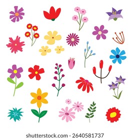 Collection colorful flower clip art elements vector. Flower spring drawing clipart set. Hand drawn blossom illustration collection,  Set floral of wildflower, leaf branch,or decor, easter, sticker