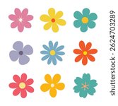Collection of colorful flower elements vector. Simple cute round flower head in various shapes. Abstract botanical spring blossom art. Organic petal floral design. Flower icon set.