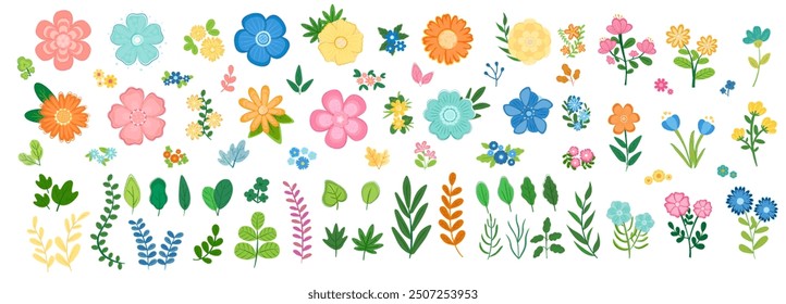 Colección de Elementos de flores de colores Vector. Conjunto floral de flores silvestres, rama de hoja, follaje sobre fondo blanco. Un conjunto de flores dibujadas a mano. Ilustración vectorial