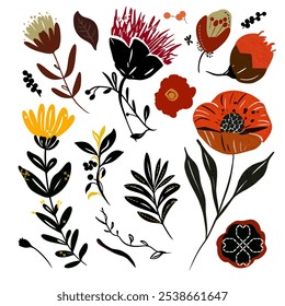 Collection of colorful flower elements vector. Set floral of flower, leaf, branch, foliage on white background. Hand drawn illustration for decor, sticker, clipart, print. Folk art flower.