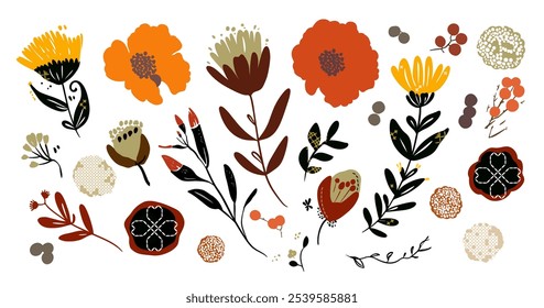 Collection of colorful flower elements vector. Set floral of flower, leaf, branch, foliage on white background. Hand drawn illustration for decor, sticker, clipart, print. Folk art flower.