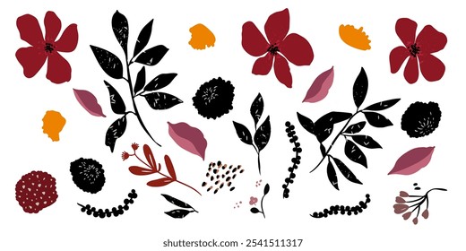 Collection of colorful flower elements vector. Set floral of flower, leaf, branch, foliage on white background. Hand drawn illustration for decor, sticker, clipart, print. Folk art flower.