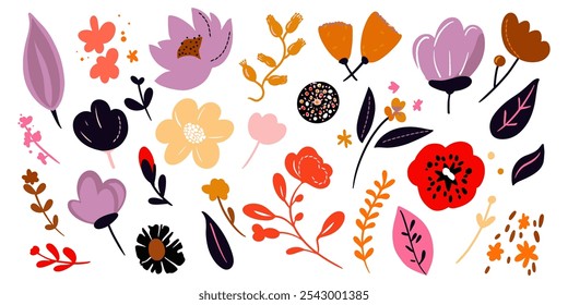 Collection of colorful flower elements vector. Set floral of flower, leaf, branch, foliage on white background. Hand drawn illustration for decor, sticker, clipart, print. Folk art flower.