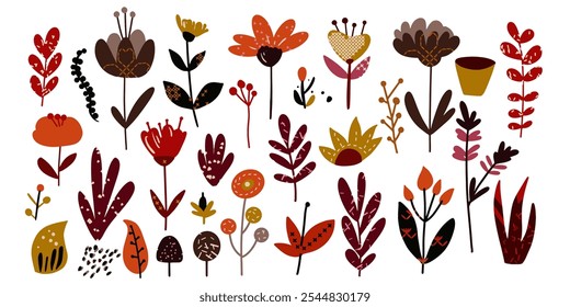 Collection of colorful flower elements vector. Set floral of flower, leaf, branch, foliage on white background. Hand drawn illustration for decor, sticker, clipart, print. Folk art flower.