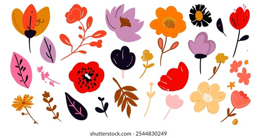 Collection of colorful flower elements vector. Set floral of flower, leaf, branch, foliage on white background. Hand drawn illustration for decor, sticker, clipart, print. Folk art flower.