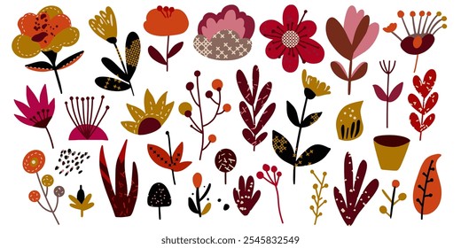 Coleção de elementos coloridos da flor vetor. Definir floral de flor, folha, ramo, folhagem em fundo branco. Ilustração desenhada à mão para decoração, adesivo, clipart, impressão. Flor de arte popular.