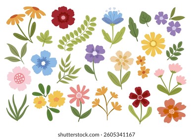 Collection of colorful flower elements vector. cute flower. floral design. cartoon set.