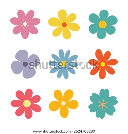 Collection of colorful flower elements vector. Simple cute round flower head in various shapes. Abstract botanical spring blossom art. Organic petal floral design. Flower icon set.