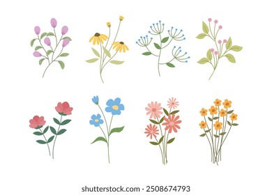 Colección de flores coloridas que crecen con subgrupos y hojas, perfectas para añadir un toque de naturaleza a cualquier diseño