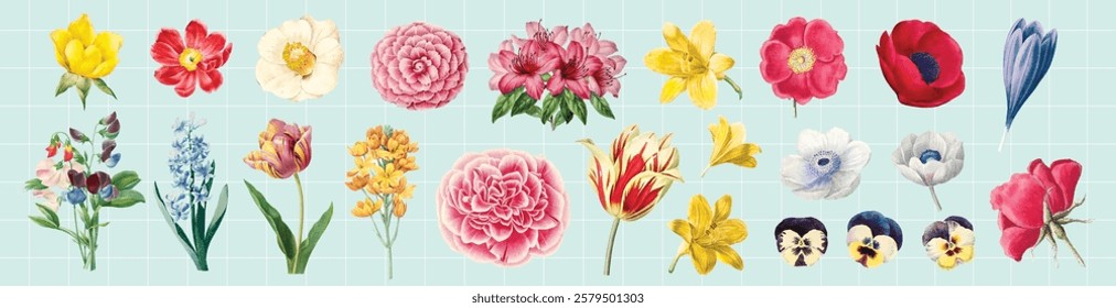 A collection of colorful flowers, including roses, tulips, and daisies, displayed on a grid. Vibrant floral designs with various shapes and colors. Vintage illustrations, isolated element vector set.