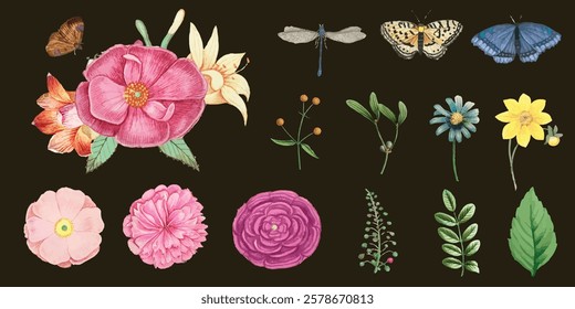 Collection of colorful flowers, leaves, and butterflies. Includes pink, yellow, and blues. Floral and butterfly designs on a dark background. Vintage illustrations, isolated vector set.