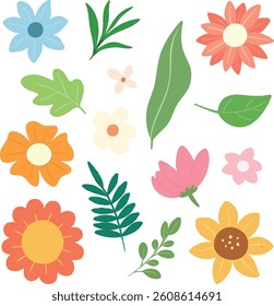 Collection of colorful flowers and leaves in flat style isolated on white background. cute floral elements for decoration