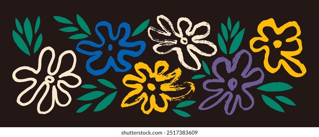 Collection with colorful flowers and leaves style aster. Abstract floral  summer design . Trendy modern hand drawn   illustration. Japanese  style  colorful grunge  texture.