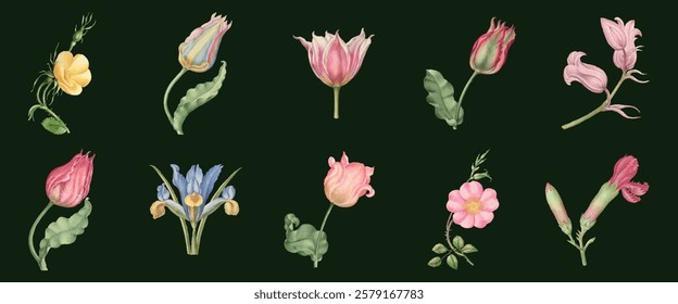 A collection of colorful flowers on a dark background. Each flower is unique, showcasing vibrant petals and green leaves. Floral design with diverse blooms. Vintage illustrations, isolated vector set.