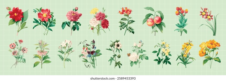 A collection of colorful flowers on a grid background. Various flowers, vibrant colors, floral patterns. Flowers arranged in a neat grid, showcasing floral diversity. Floral illustrations, vector set.