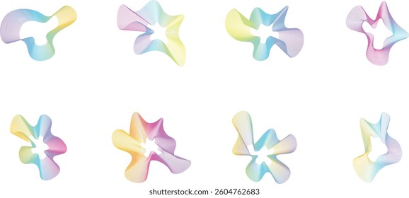 Collection of colorful fluid lines shape vector element isolated on transparent background