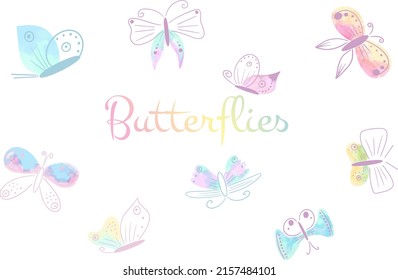Collection of colorful flying butterflies in different poses. Set with butterflies in pastel colors on a white background. Hand drawn vector design.