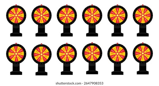 Coleção de rodas de fortuna coloridas, roleta com prêmios de segmentos de dinheiro, bônus. Para jogos de azar e conceito de ganho de loteria. Cassino jackpot roda giratória com ponteiro em vários ganhos. Ícone para jogos