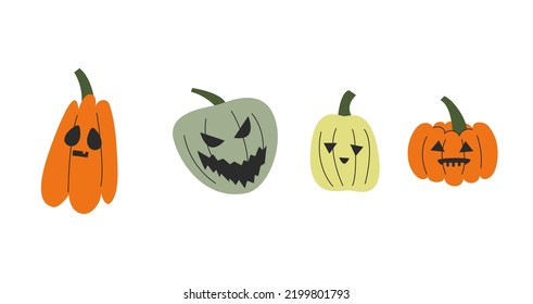 Collection of colorful four hand drawn pumpkins with cut out faces. Halloween time. Vector stock illustration isolated on white background.