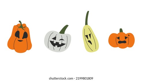 Collection of colorful four hand drawn pumpkins with cut out faces. Halloween time. Vector stock illustration isolated on white background.