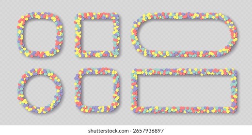 Kollektion bunter Rahmen, bestehend aus mehrfarbigen runden Konfetti mit Schatten, einzeln auf hellem Hintergrund. Vektorgrafik.