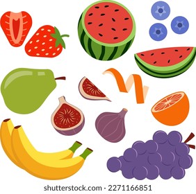 Collection Of Colorful Fresh Fruits And Berries Vector Illustration, Isolated Icons In Flat Style