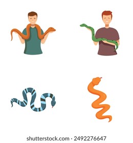 Collection of colorful, friendly cartoon illustrations featuring individuals holding snakes and different serpent types