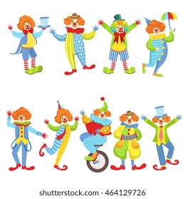 Collection Of Colorful Friendly Clowns In Classic Outfits