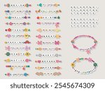 Collection of colorful friendship bracelets. Set of braided bracelets with letters.