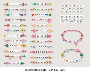 Collection of colorful friendship bracelets. Set of braided bracelets with letters.