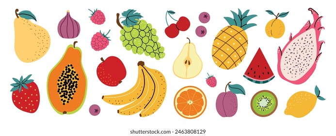 Collection of colorful fruit in a hand-drawn style. Seasonal fruits and berries. Vector illustration in flat style. Horizontal banner with white isolated background.  