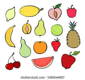 Collection of colorful fruits. Farm crop line art in simple colors. Cooking or menu ingredients icons. Culinary series. Vector illustration.
